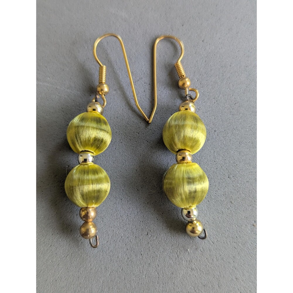 Vintage NOS Olive Green Silk Thread Wrapped Bead Dangle Earrings Gold Tone Boho